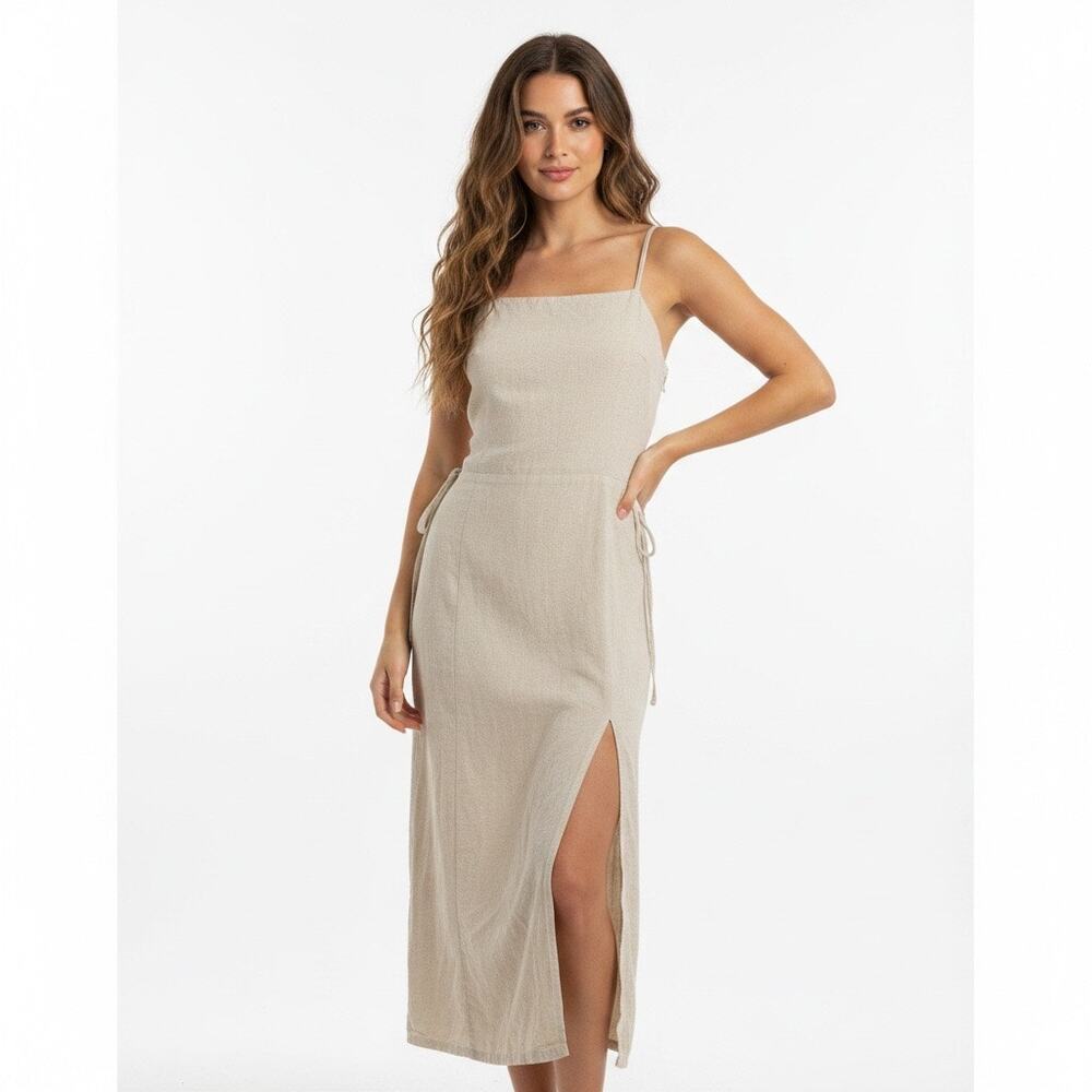 Urban Outfitters Linen Blend Midi Dress Medium Beige Oatmeal Lace Summer Brunch